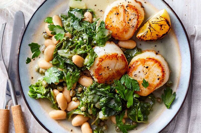 Seared Scallops with White Bean Ragu & Charred Lemon