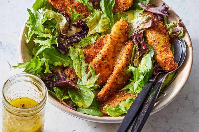Homemade Chicken Tenders with Everything Bagel Seasoning over Salad