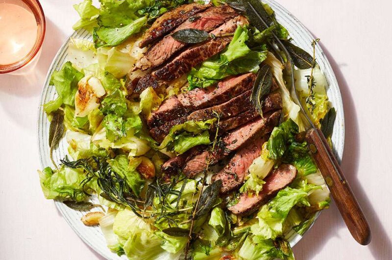 Pan-Seared Steak with Crispy Herbs & Escarole